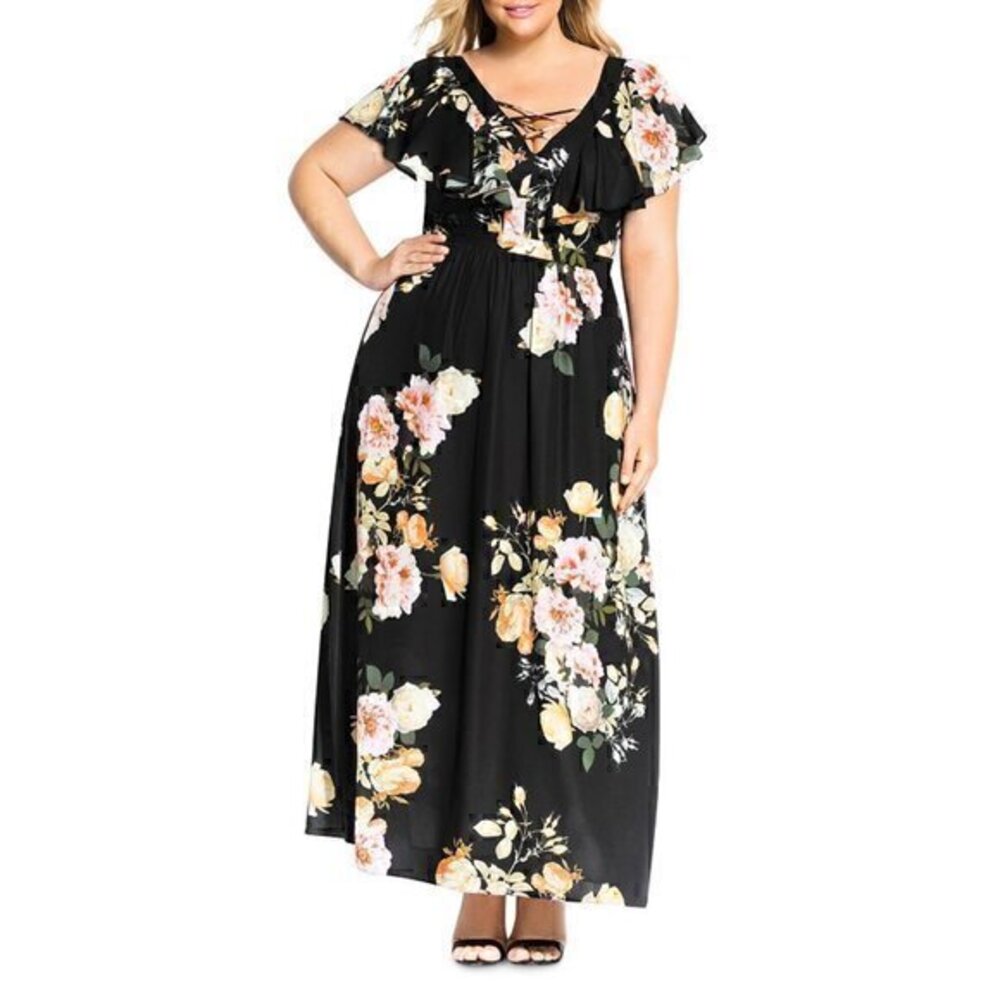 City Chic Plus Tuscan Rose V-Neck Maxi Dress Size 16